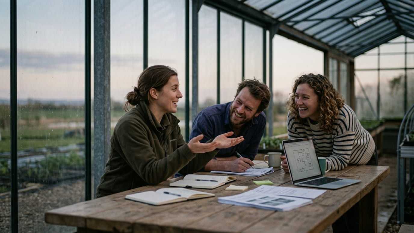 Three colleagues around an office table mid-discussion, papers and a laptop between them.