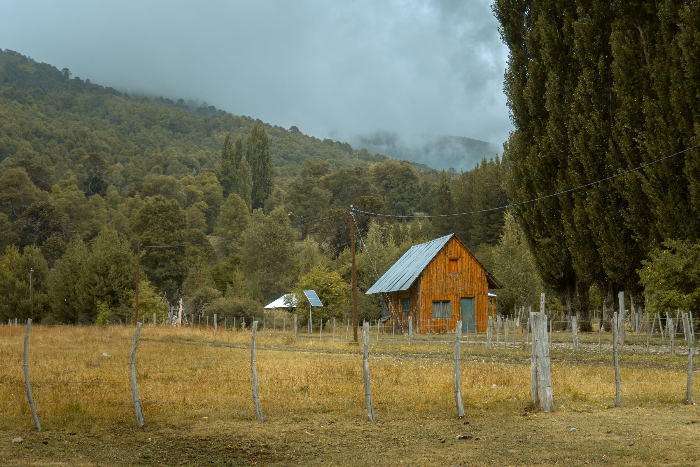 A small timber cabin in a misty upland valley, forest rising behind it.