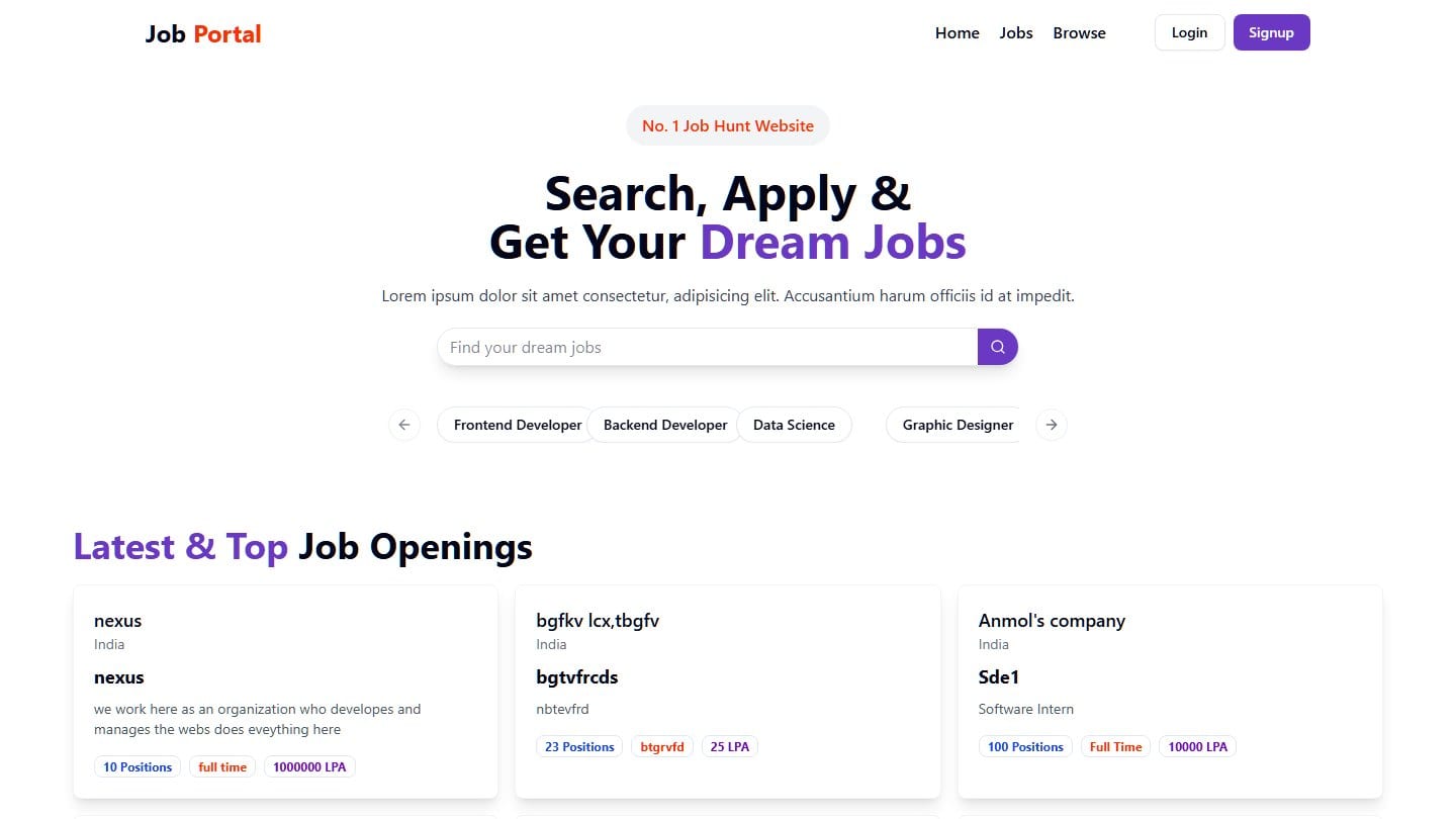 Homepage of the Job Portal recruitment marketplace