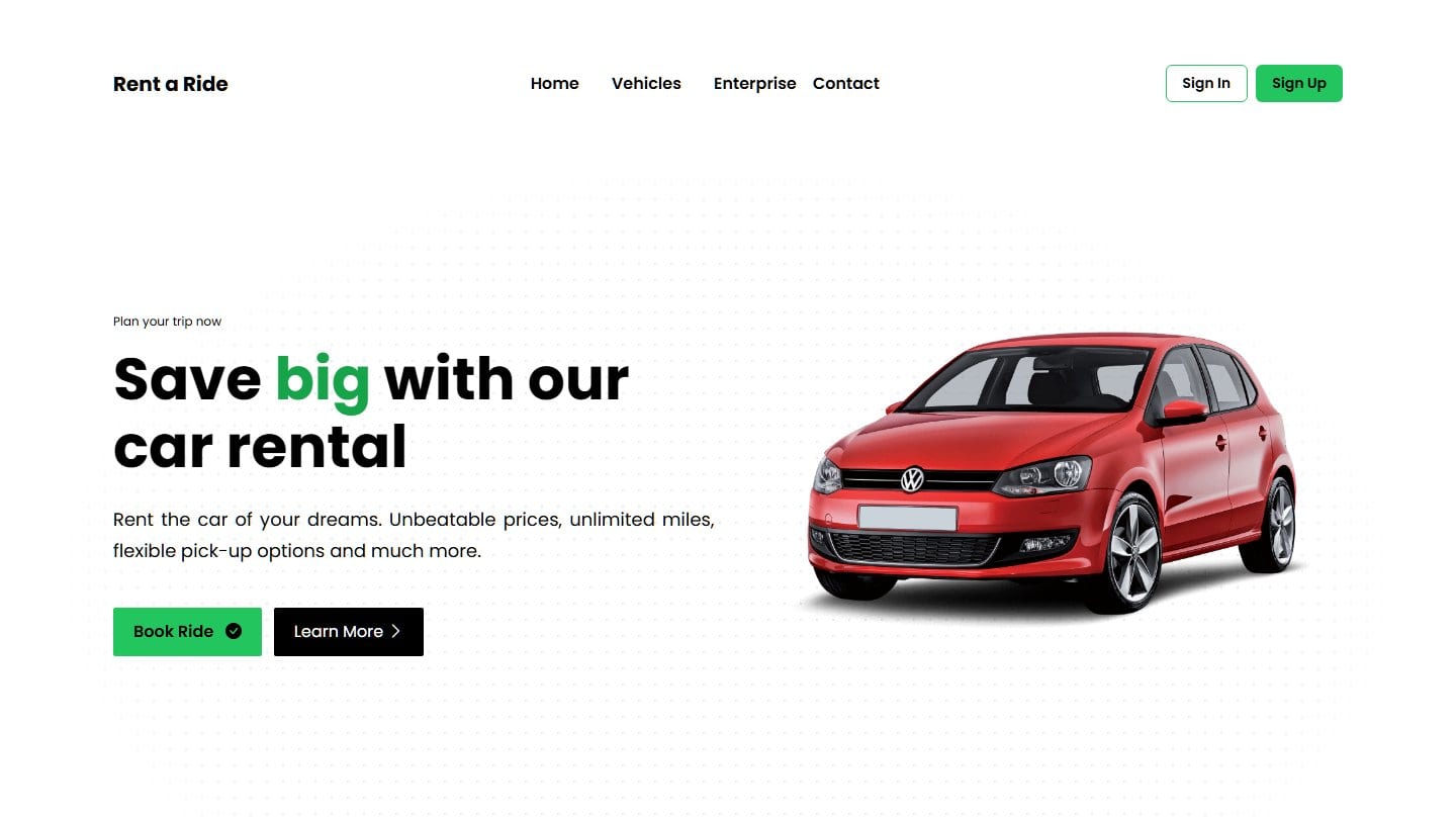 Homepage of the Rent A Ride vehicle booking platform